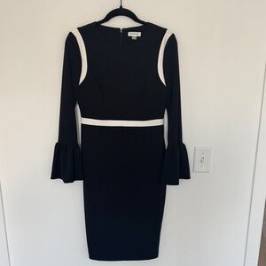 Calvin Klein Black and White Long Bell Flutter Sleeve Midi Dress - Size 6